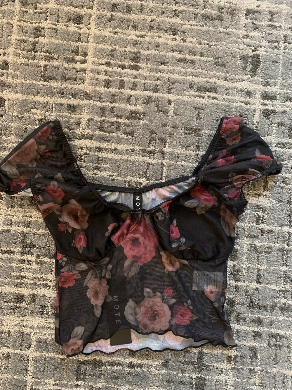 NWT Motel Rocks Black Sheer Floral Off-Shoulder Crop Top with Pink Roses
